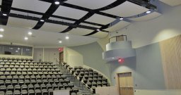 Custom-curved, fabric-wrapped wall panels and 2' x 2' Acoustical Ceilings